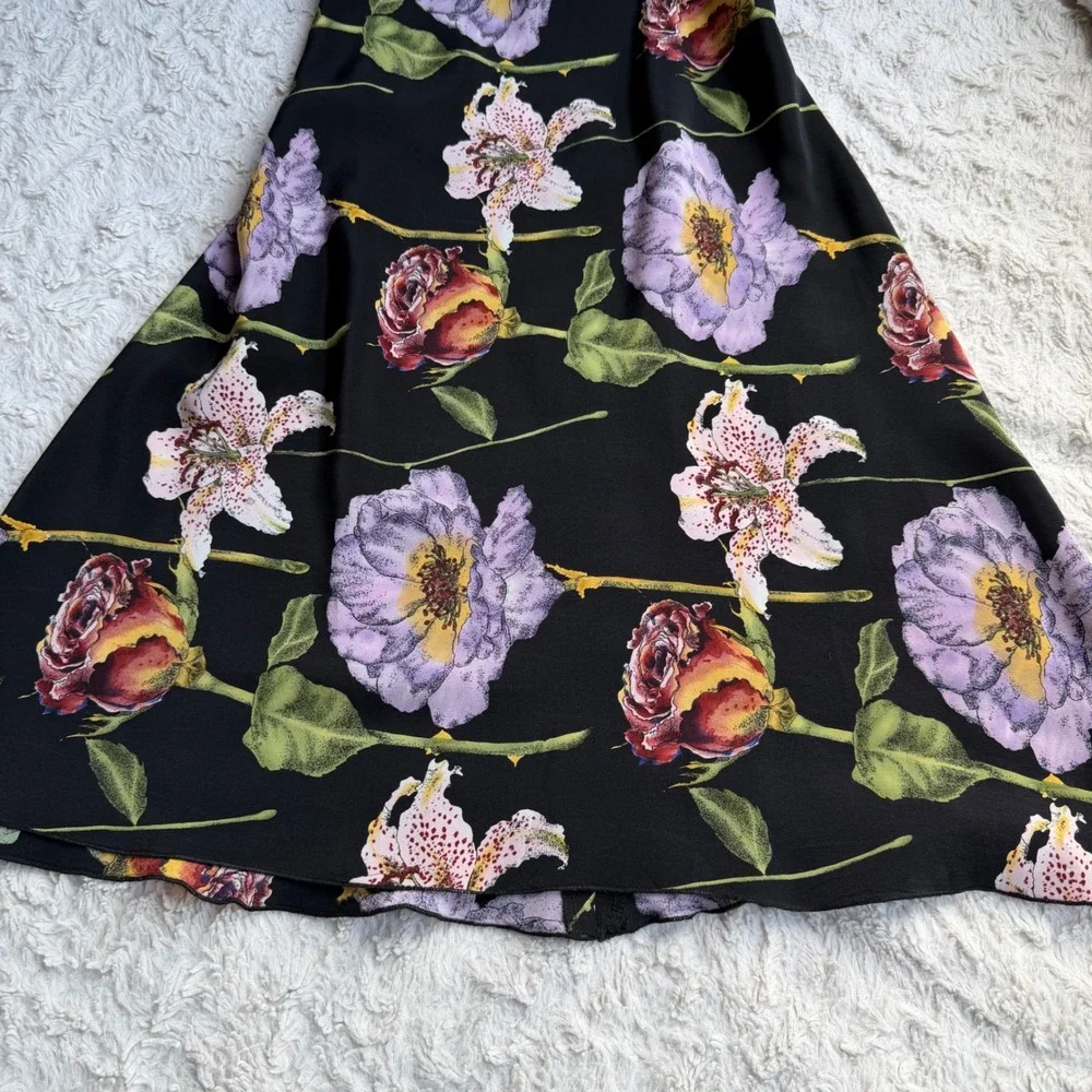 Nicole Miller Silk Floral Slip Dress Black Y2K Vintage Open Tie Back Small 4